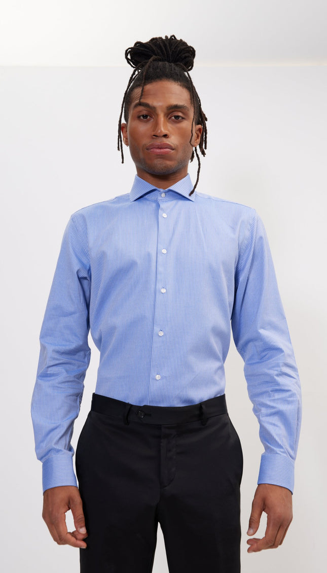 Pure Cotton French Placket Spread Collar Dress Shirt - Dark Blue Chevron - Ron Tomson