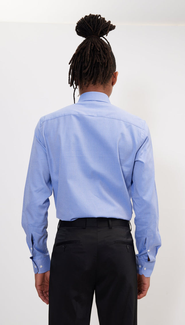 Pure Cotton French Placket Spread Collar Dress Shirt - Dark Blue Chevron - Ron Tomson