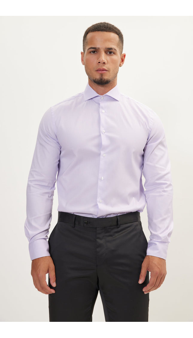 Pure Cotton French Placket Spread Collar Dress Shirt - Lilac Houndstooth - Ron Tomson
