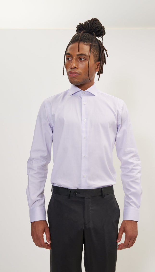 Pure Cotton French Placket Spread Collar Dress Shirt - Lilac Striped - Ron Tomson