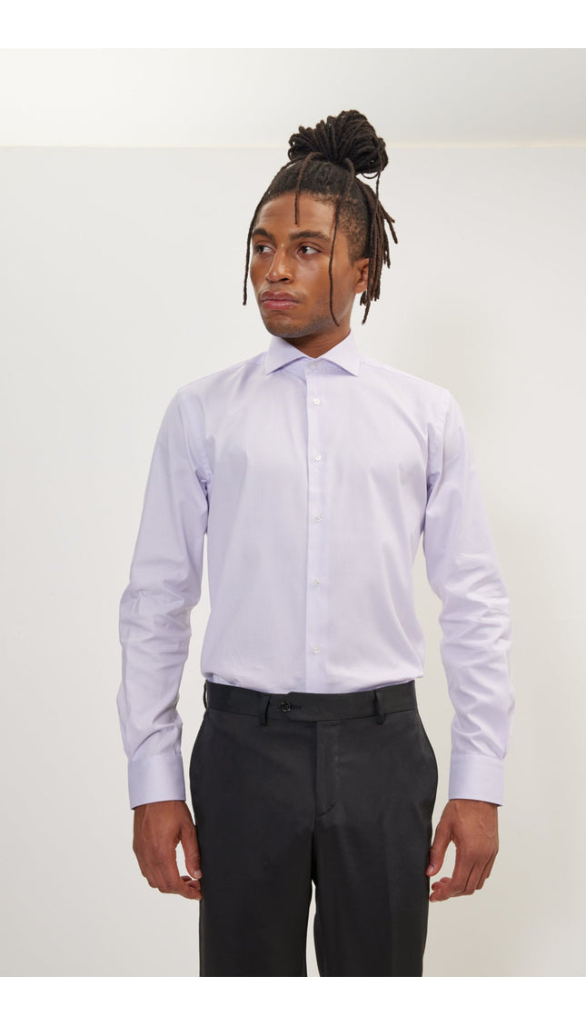 Pure Cotton French Placket Spread Collar Dress Shirt - Lilac Striped - Ron Tomson