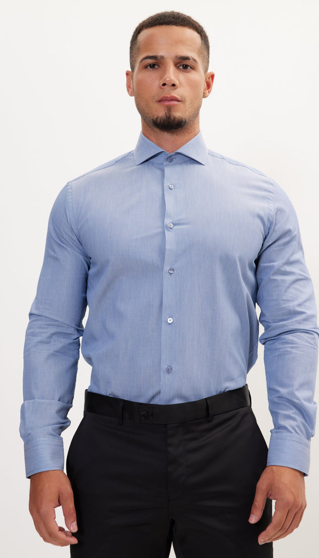 Pure Cotton French Placket Spread Collar Dress Shirt - Navy White Hairline - Ron Tomson