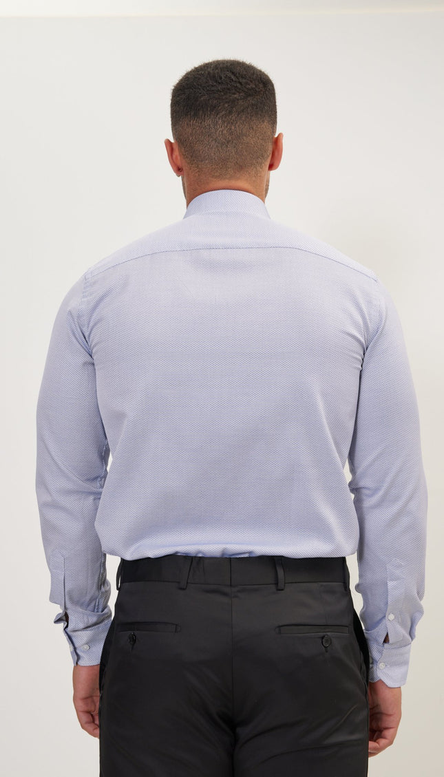 Pure Cotton French Placket Spread Collar Dress Shirt - Navy White Jacquard - Ron Tomson