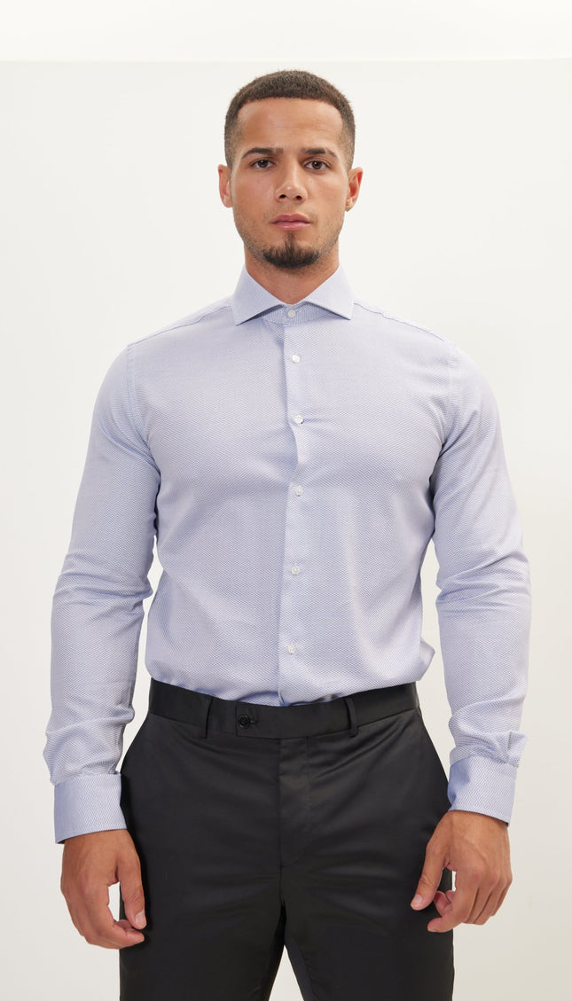 Pure Cotton French Placket Spread Collar Dress Shirt - Navy White Jacquard - Ron Tomson