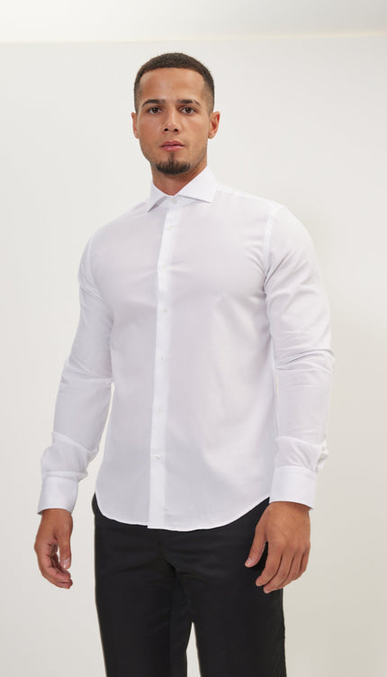 Pure Cotton French Placket Spread Collar Dress Shirt - Pique White - Ron Tomson