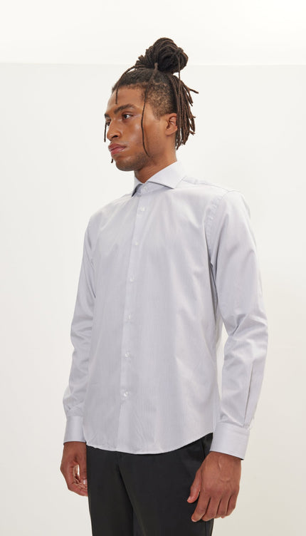 Pure Cotton French Placket Spread Collar Dress Shirt - White Anthracite Striped - Ron Tomson