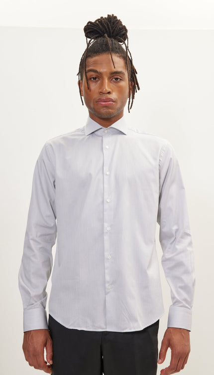 Pure Cotton French Placket Spread Collar Dress Shirt - White Anthracite Striped - Ron Tomson