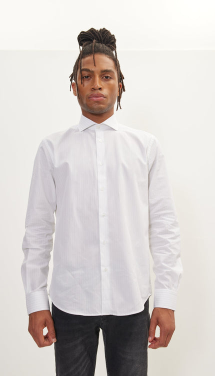 Pure Cotton French Placket Spread Collar Dress Shirt - White Bengal - Ron Tomson