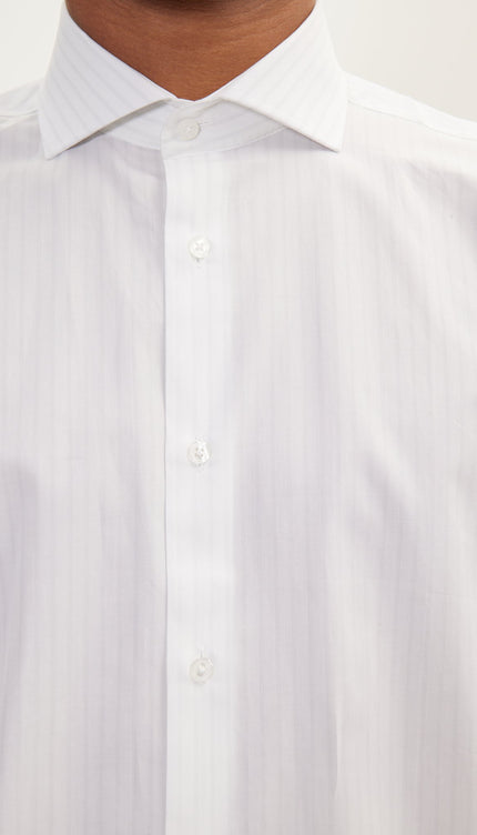 Pure Cotton French Placket Spread Collar Dress Shirt - White Bengal - Ron Tomson
