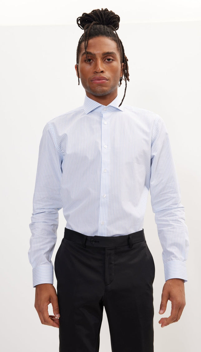 Pure Cotton French Placket Spread Collar Dress Shirt - White Blue Bengal Stripes - Ron Tomson
