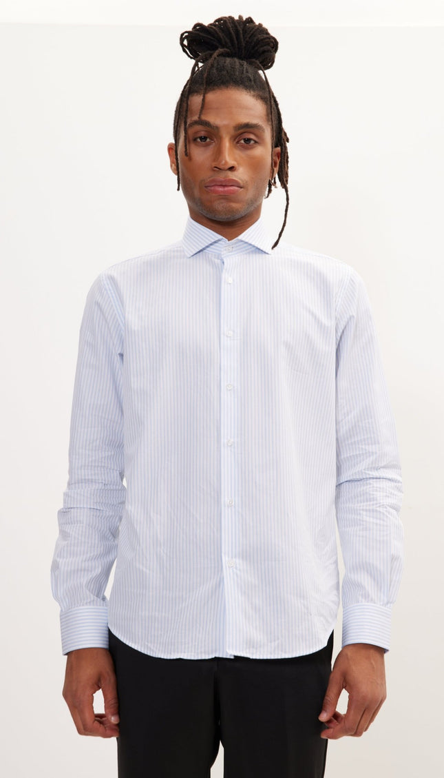 Pure Cotton French Placket Spread Collar Dress Shirt - White Blue Bengal Stripes - Ron Tomson