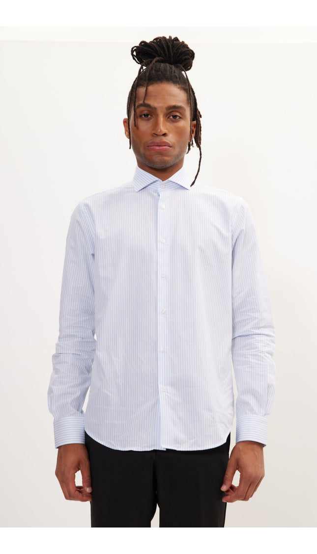 Pure Cotton French Placket Spread Collar Dress Shirt - White Blue Bengal Stripes - Ron Tomson
