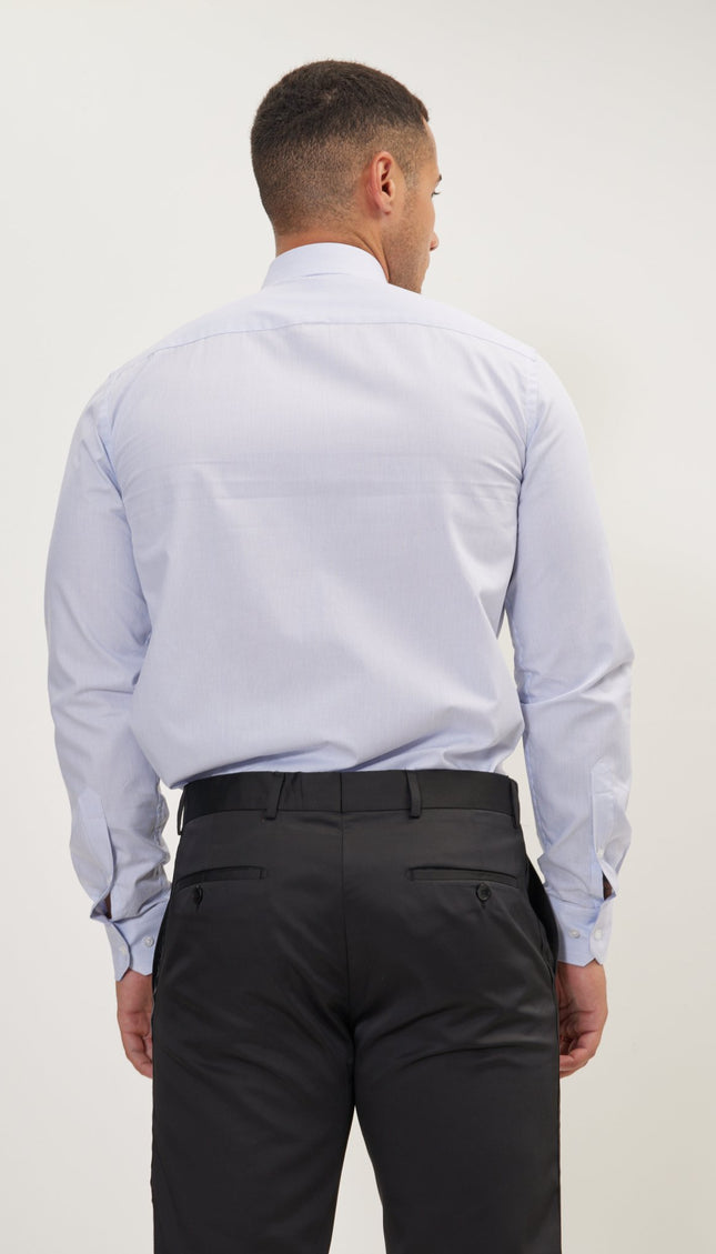 Pure Cotton French Placket Spread Collar Dress Shirt - White Blue Striped - Ron Tomson