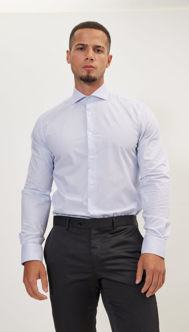 Pure Cotton French Placket Spread Collar Dress Shirt - White Blue Striped - Ron Tomson