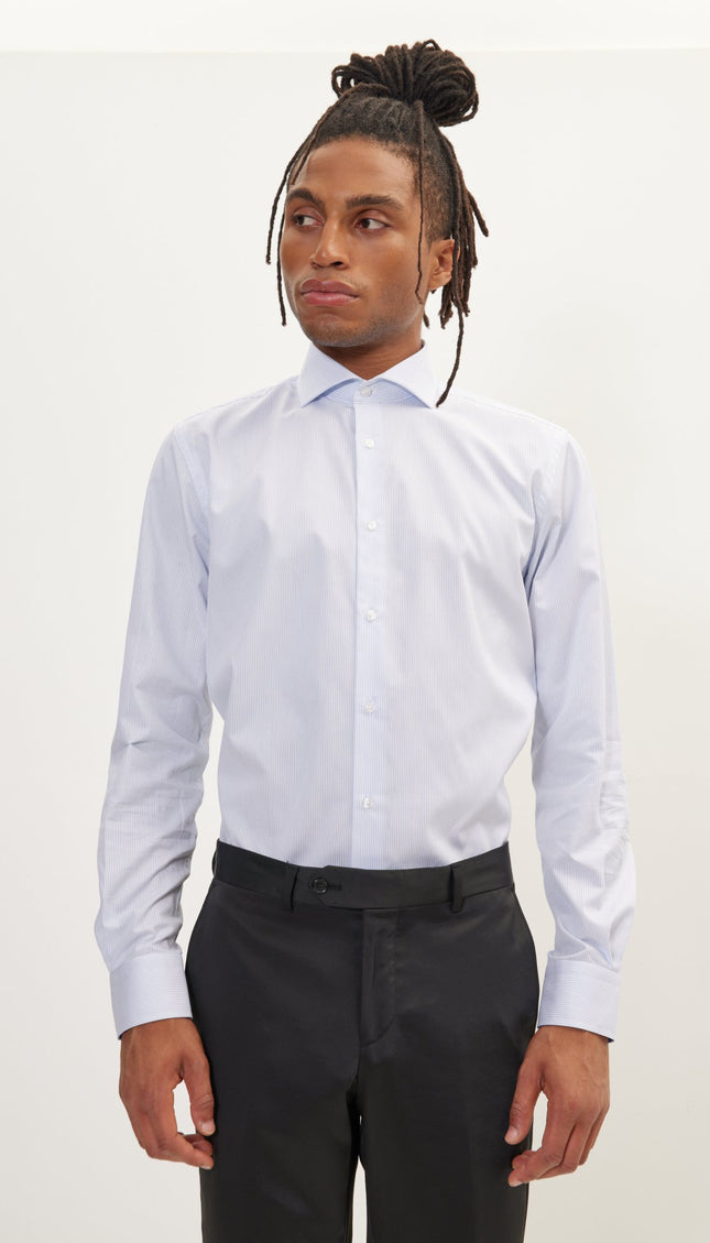 Pure Cotton French Placket Spread Collar Dress Shirt - White Dark Blue Striped - Ron Tomson