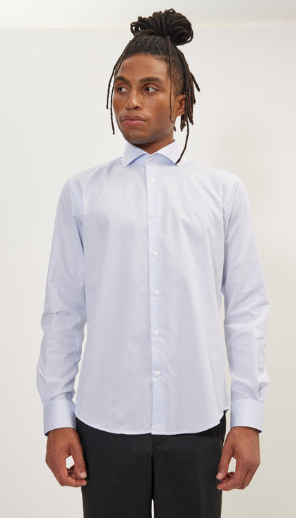 Pure Cotton French Placket Spread Collar Dress Shirt - White Dark Blue Striped - Ron Tomson