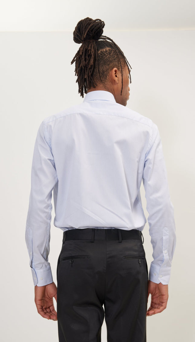 Pure Cotton French Placket Spread Collar Dress Shirt - White Dark Blue Striped - Ron Tomson