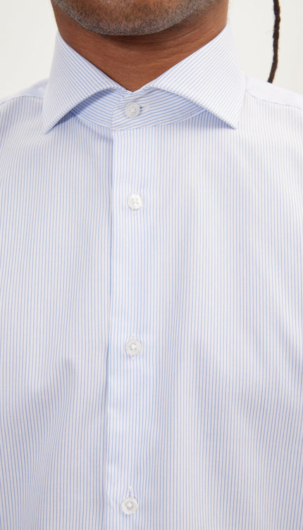 Pure Cotton French Placket Spread Collar Dress Shirt - White Dark Blue Striped - Ron Tomson