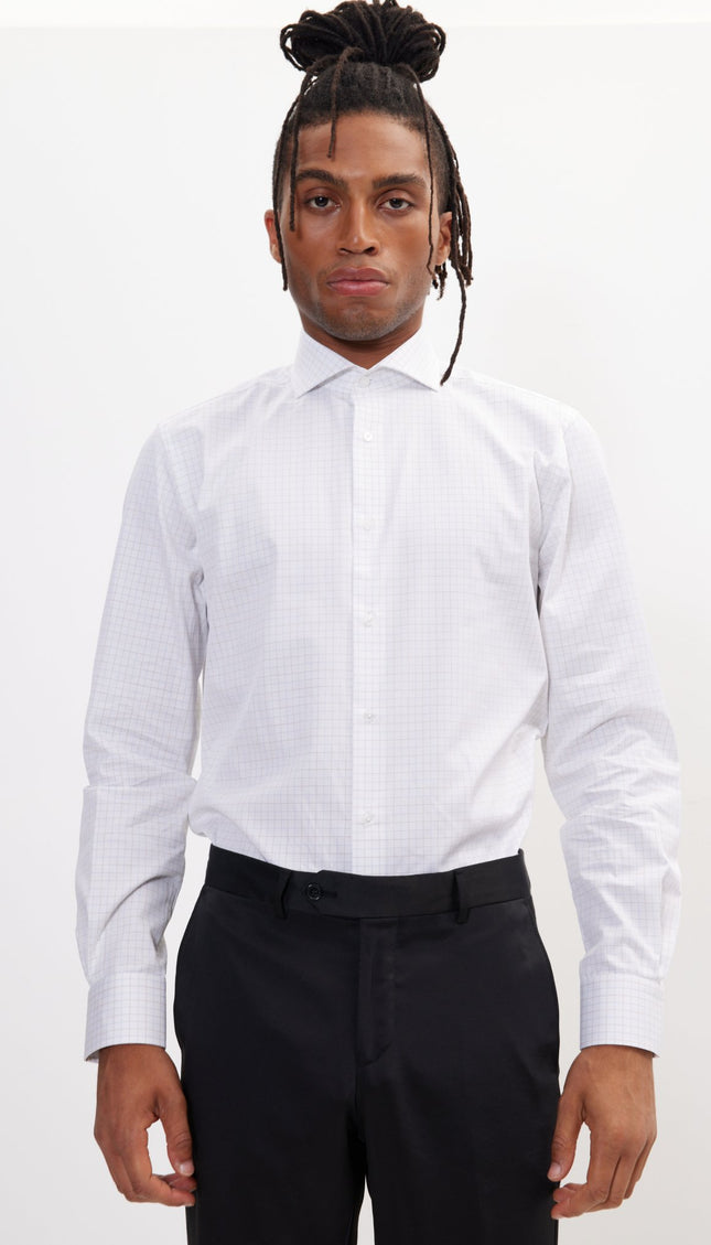 Pure Cotton French Placket Spread Collar Dress Shirt - White Graph - Ron Tomson