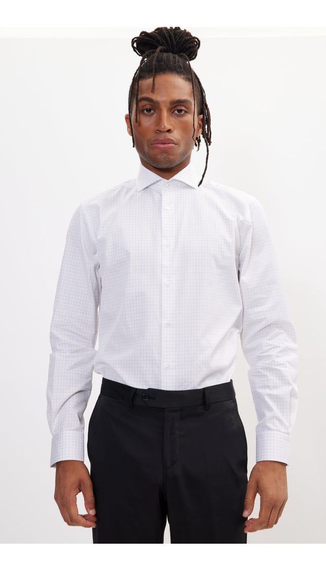 Pure Cotton French Placket Spread Collar Dress Shirt - White Graph - Ron Tomson