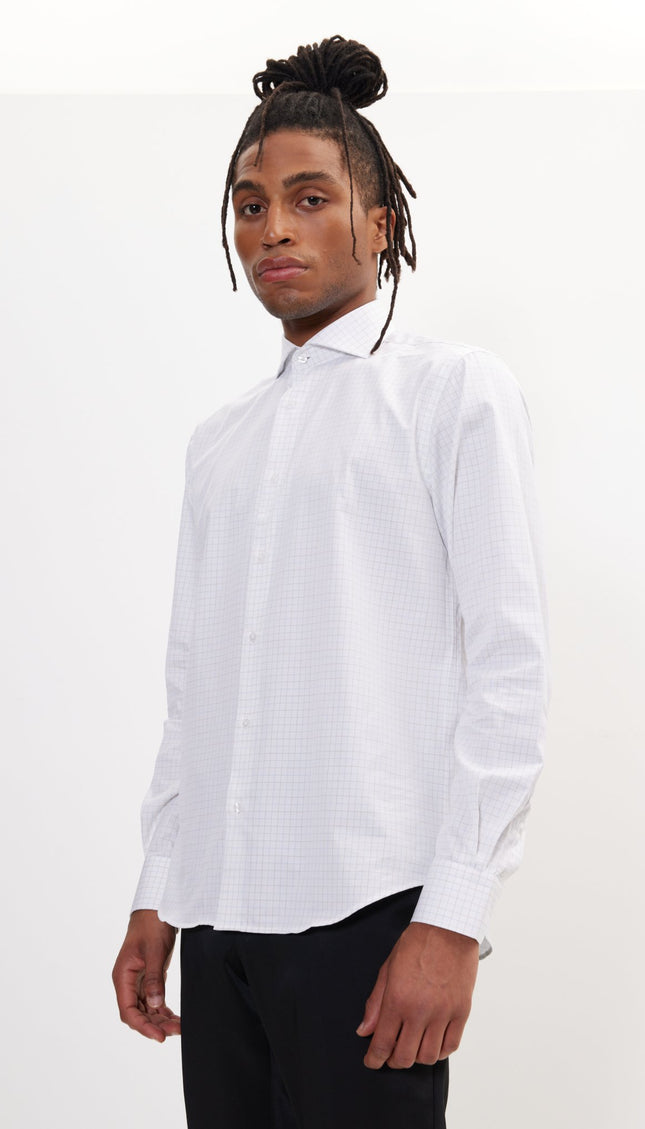 Pure Cotton French Placket Spread Collar Dress Shirt - White Graph - Ron Tomson