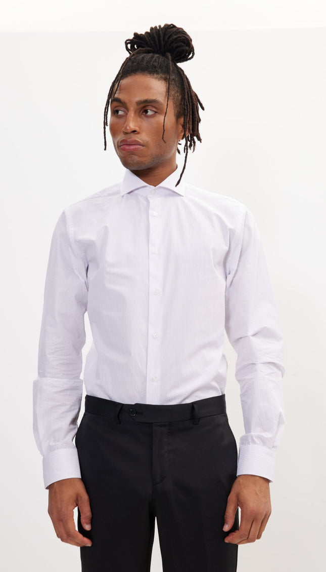 Pure Cotton French Placket Spread Collar Dress Shirt - White Graph - Ron Tomson