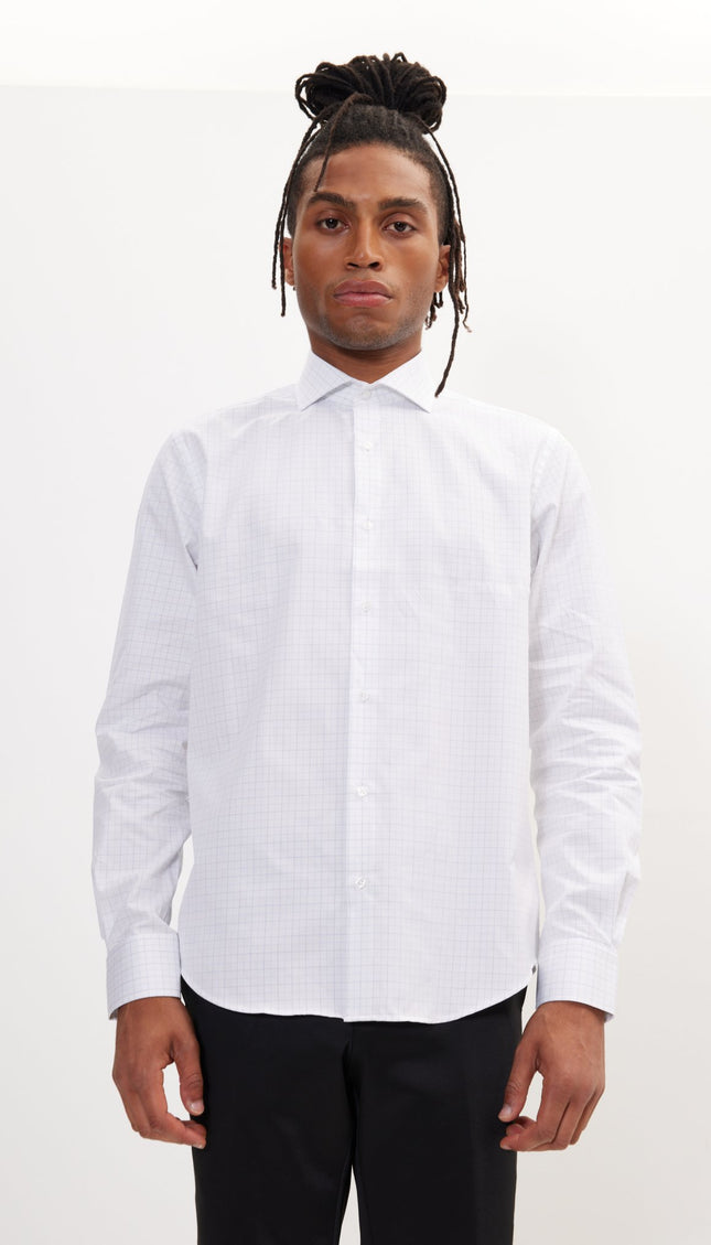 Pure Cotton French Placket Spread Collar Dress Shirt - White Graph - Ron Tomson