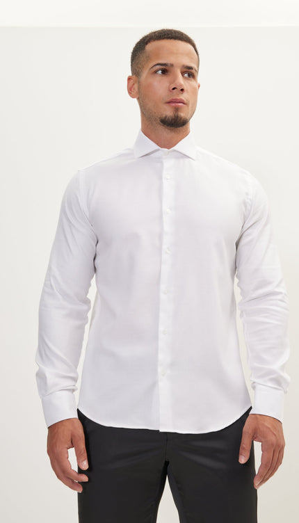 Pure Cotton French Placket Spread Collar Dress Shirt - White Grey Striped - Ron Tomson