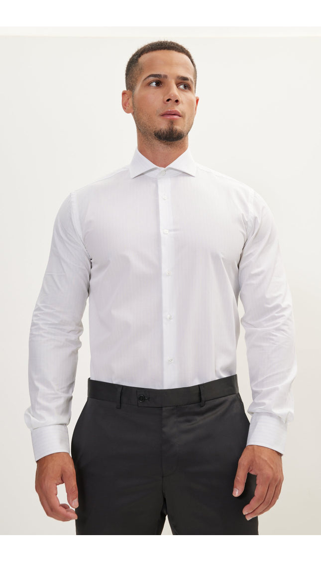 Pure Cotton French Placket Spread Collar Dress Shirt - White Light Bengal - Ron Tomson