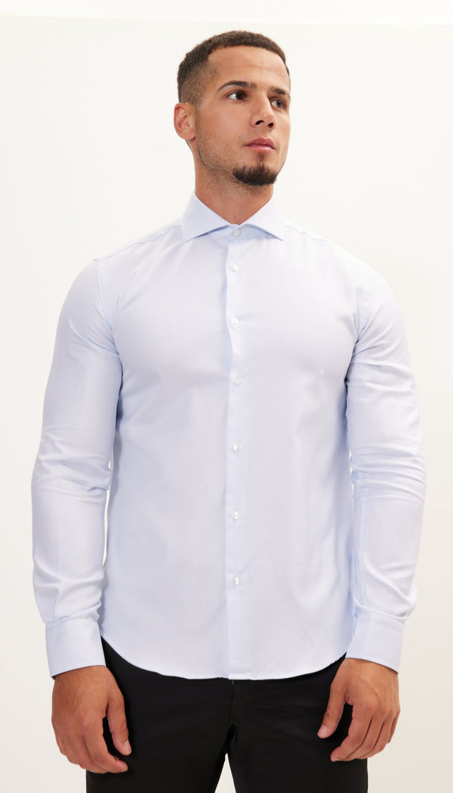 Pure Cotton French Placket Spread Collar Dress Shirt - White Light Blue - Ron Tomson