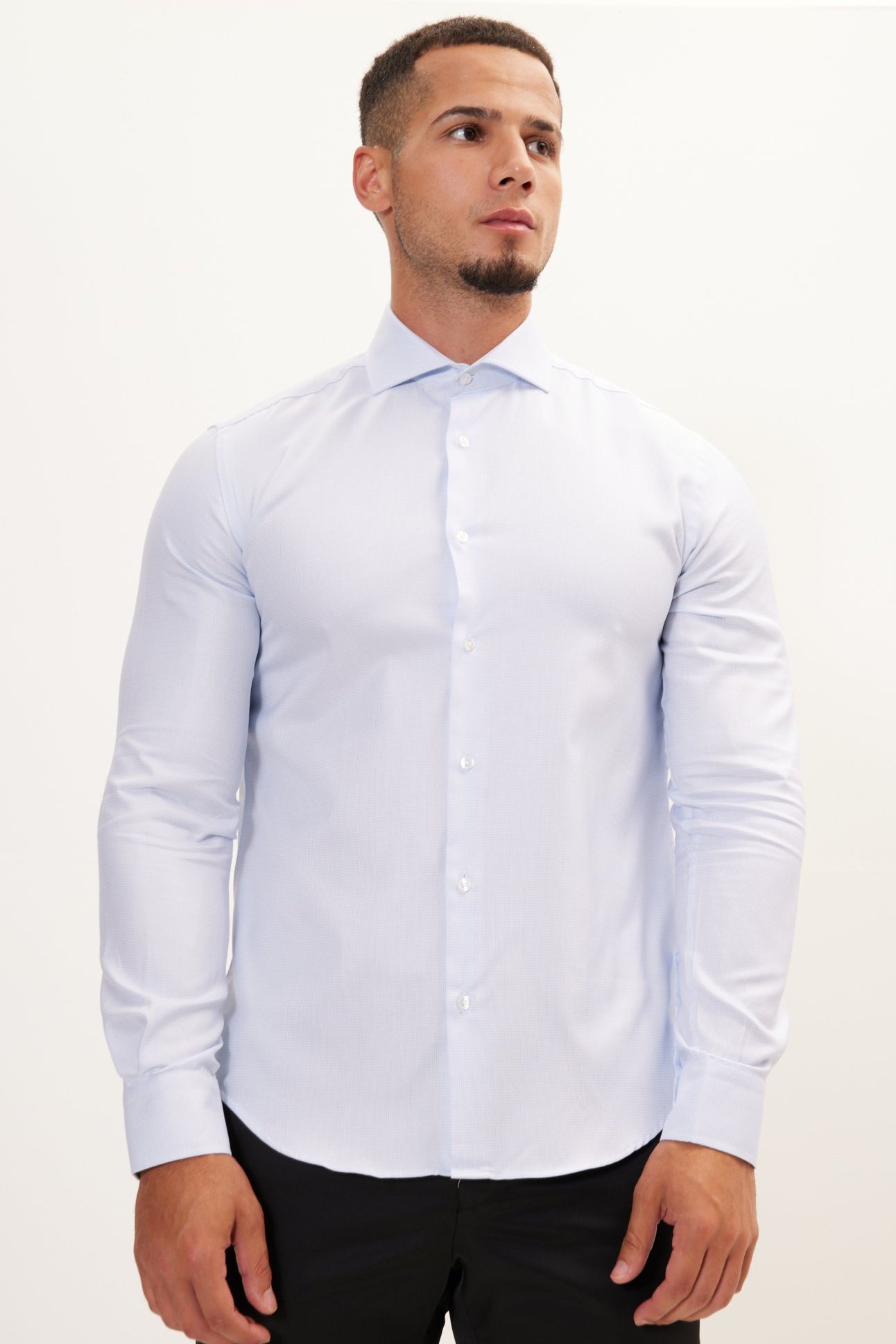 Pure Cotton French Placket Spread Collar Dress Shirt - White Light Blue - Ron Tomson