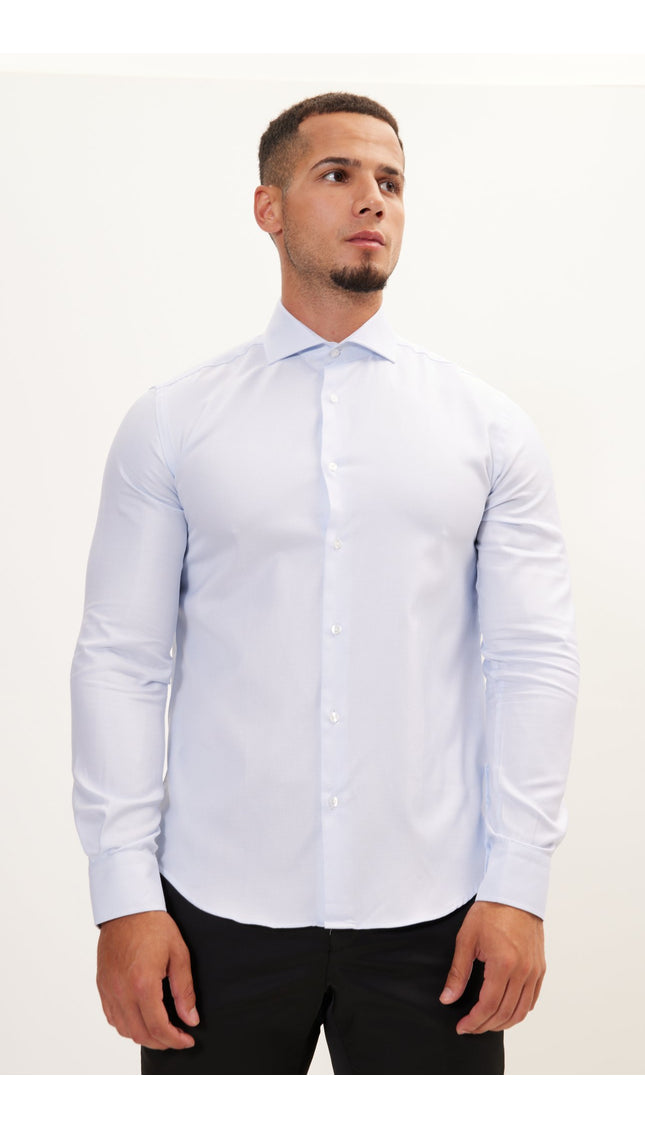 Pure Cotton French Placket Spread Collar Dress Shirt - White Light Blue - Ron Tomson