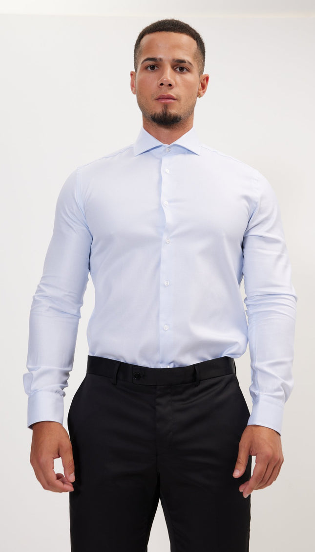 Pure Cotton French Placket Spread Collar Dress Shirt - White Light Blue - Ron Tomson