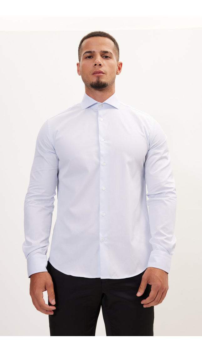 Pure Cotton French Placket Spread Collar Dress Shirt - White Light Blue Royal Oxford - Ron Tomson