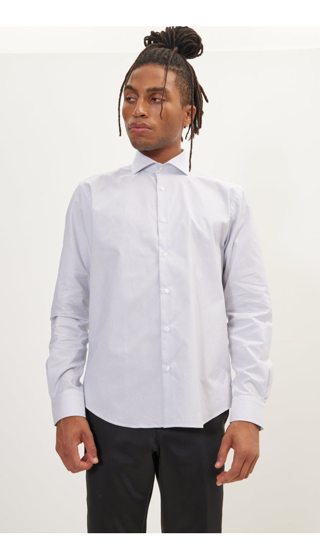 Pure Cotton French Placket Spread Collar Dress Shirt - White Navy Jacquard - Ron Tomson