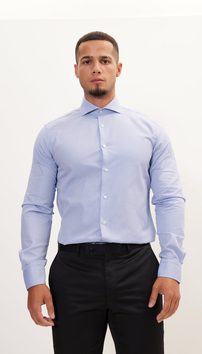 Pure Cotton French Placket Spread Collar Dress Shirt - White Navy Pinpoint Oxford - Ron Tomson