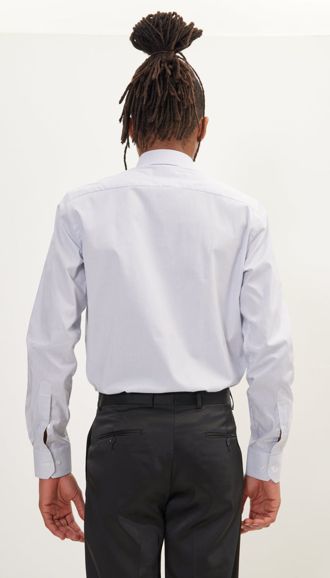 Pure Cotton French Placket Spread Collar Dress Shirt - White Navy Striped - Ron Tomson