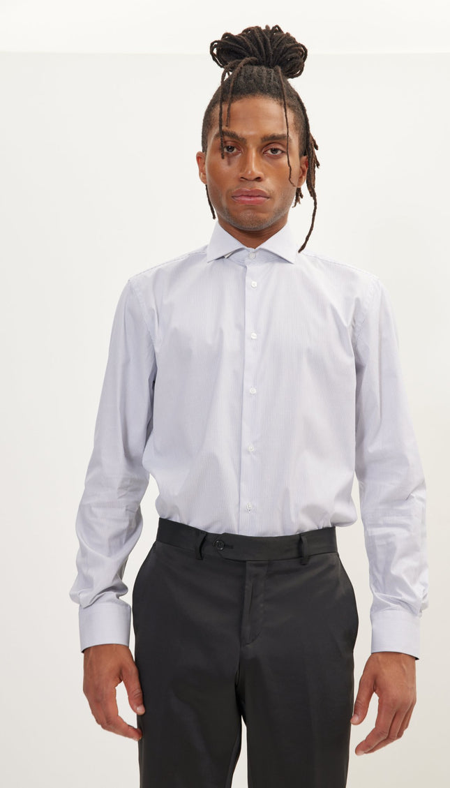 Pure Cotton French Placket Spread Collar Dress Shirt - White Navy Striped - Ron Tomson