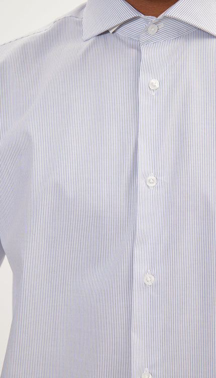 Pure Cotton French Placket Spread Collar Dress Shirt - White Navy Striped - Ron Tomson