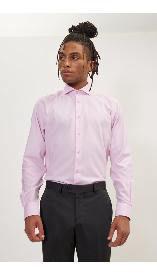Pure Cotton French Placket Spread Collar Dress Shirt - White Pink Oxford - Ron Tomson