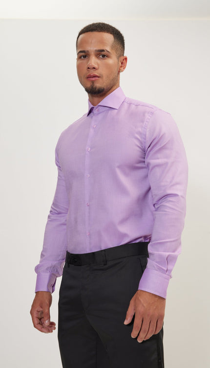 Pure Cotton French Placket Spread Collar Dress Shirt - White Purple - Ron Tomson