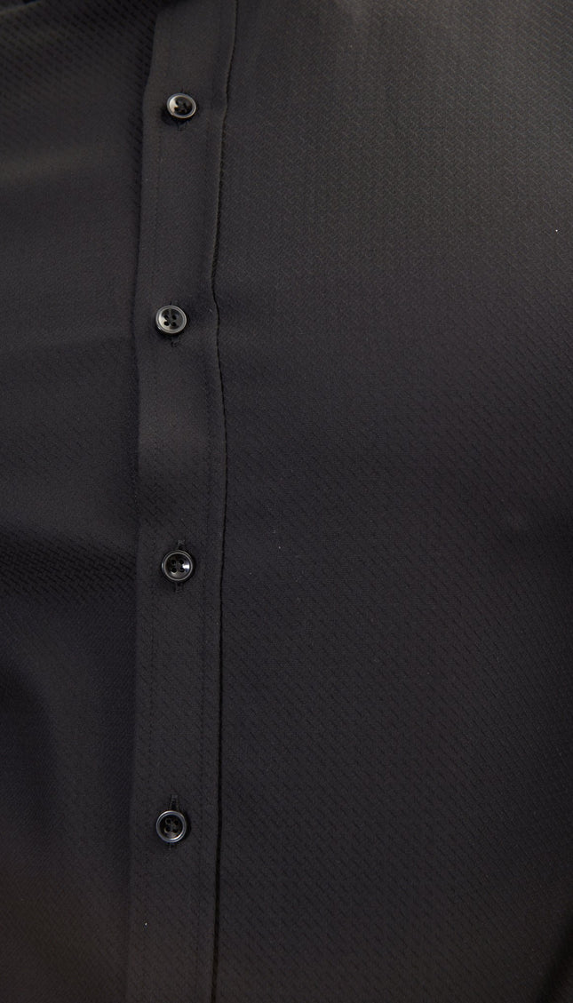 Pure Cotton Front Placket Spread Collar Dress Shirt - Black - Ron Tomson