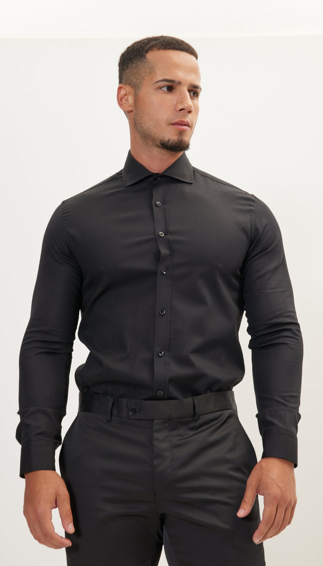 Pure Cotton Front Placket Spread Collar Dress Shirt - Black - Ron Tomson