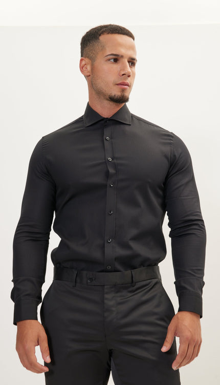 Pure Cotton Front Placket Spread Collar Dress Shirt - Black - Ron Tomson