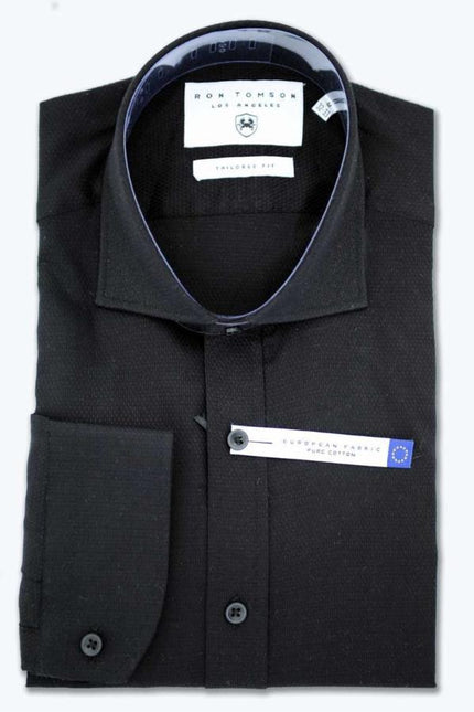 Pure Cotton Front Placket Spread Collar Dress Shirt - Black - Ron Tomson