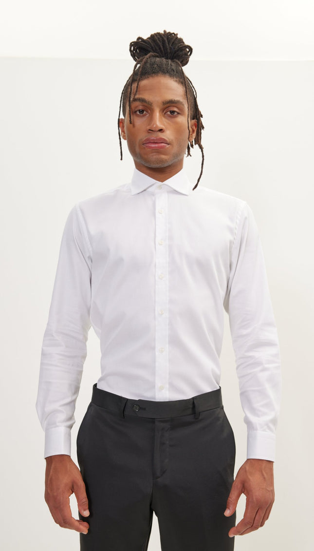 Pure Cotton Front Placket Spread Collar Dress Shirt - White - Ron Tomson