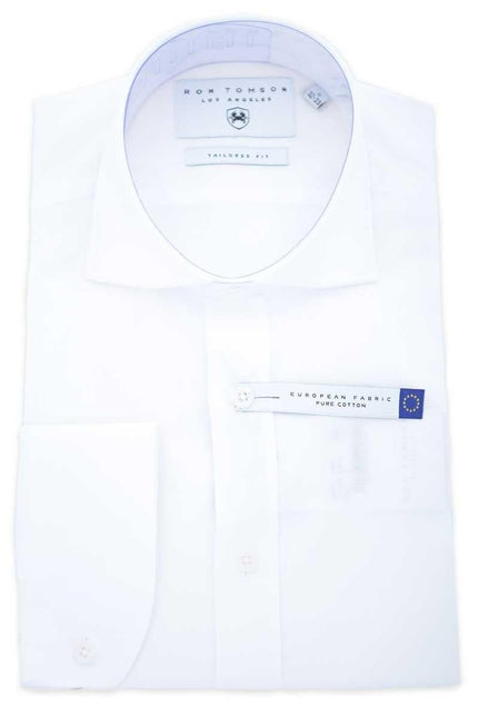 Pure Cotton Front Placket Spread Collar Dress Shirt - White - Ron Tomson
