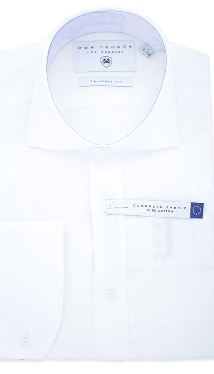 Pure Cotton Front Placket Spread Collar Dress Shirt - White - Ron Tomson