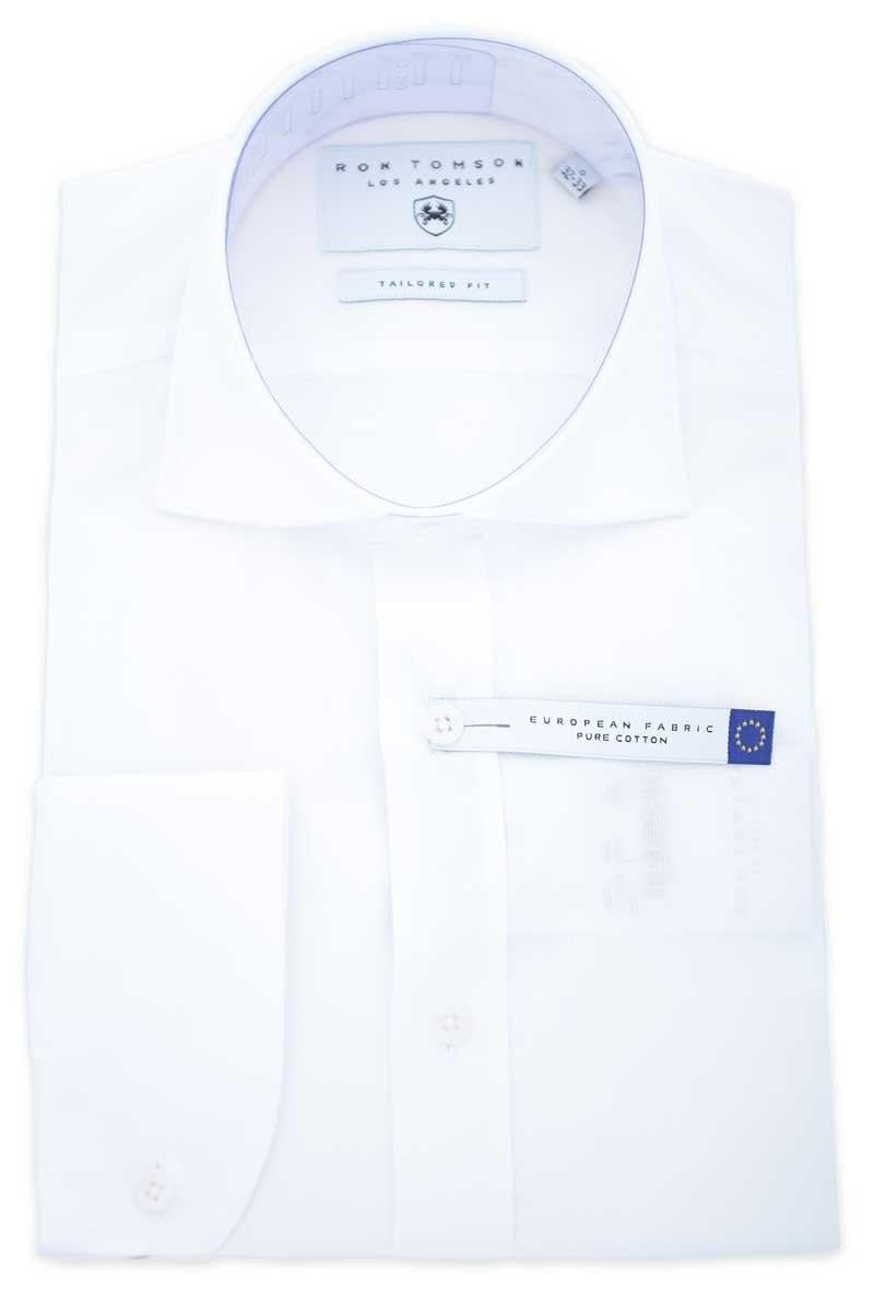 Pure Cotton Front Placket Spread Collar Dress Shirt - White - Ron Tomson