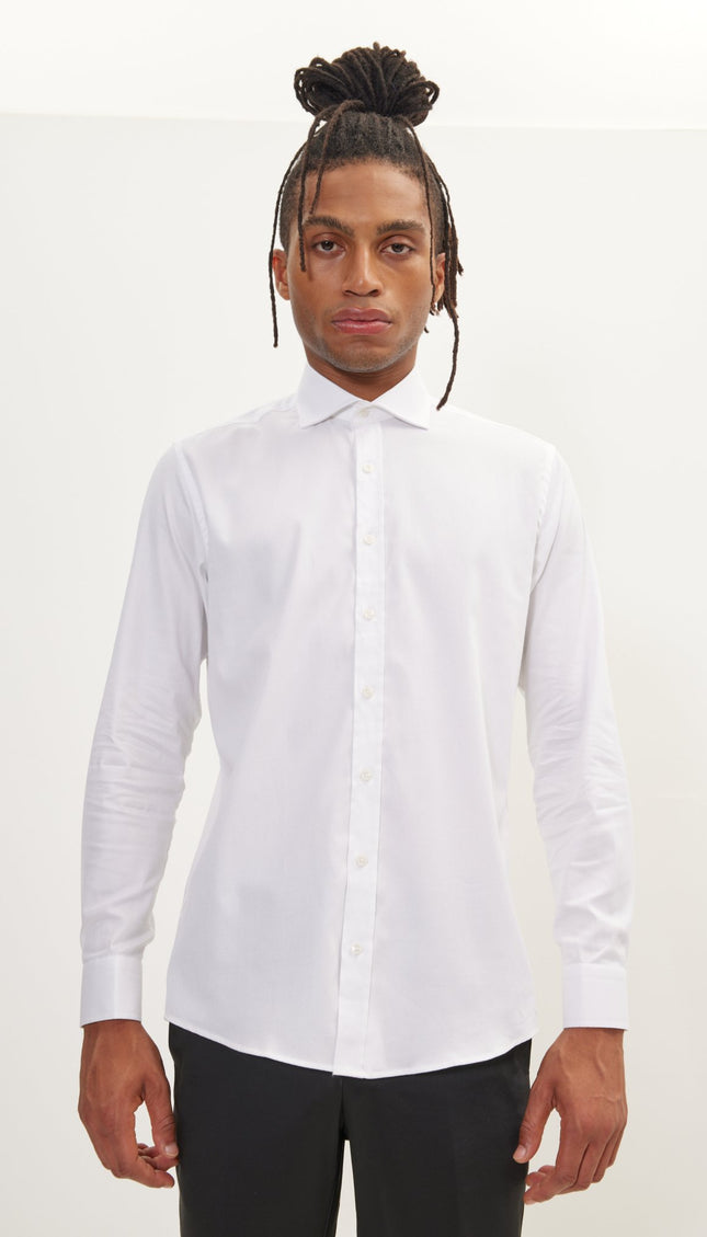 Pure Cotton Front Placket Spread Collar Dress Shirt - White - Ron Tomson